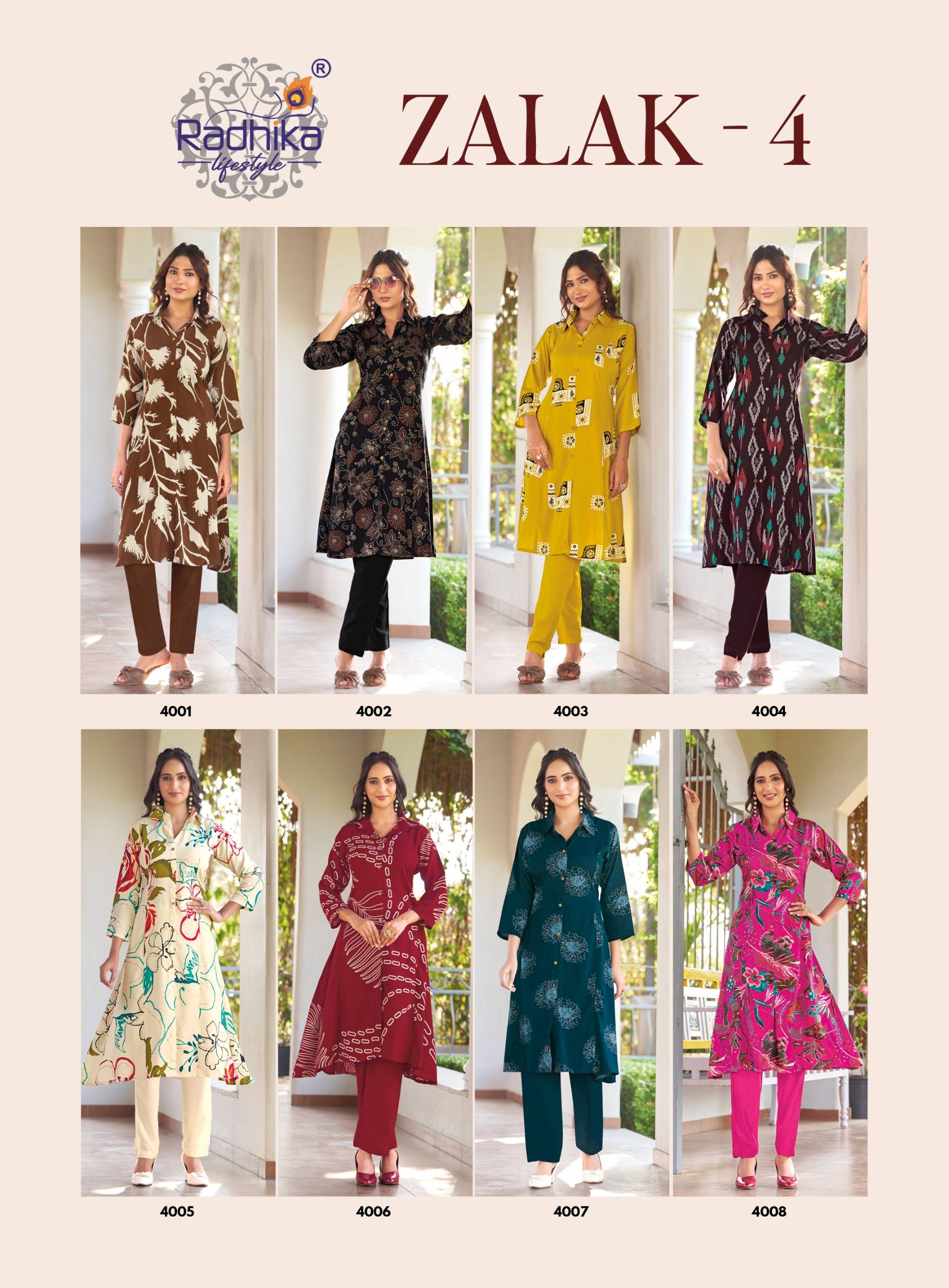 ZALAK VOL-4 By RADHIKA LIFE STYLE  4001 To 4008 Series Beautiful Festive Suits Colorful Stylish Fancy REYON co-ord sets At Wholesale Price